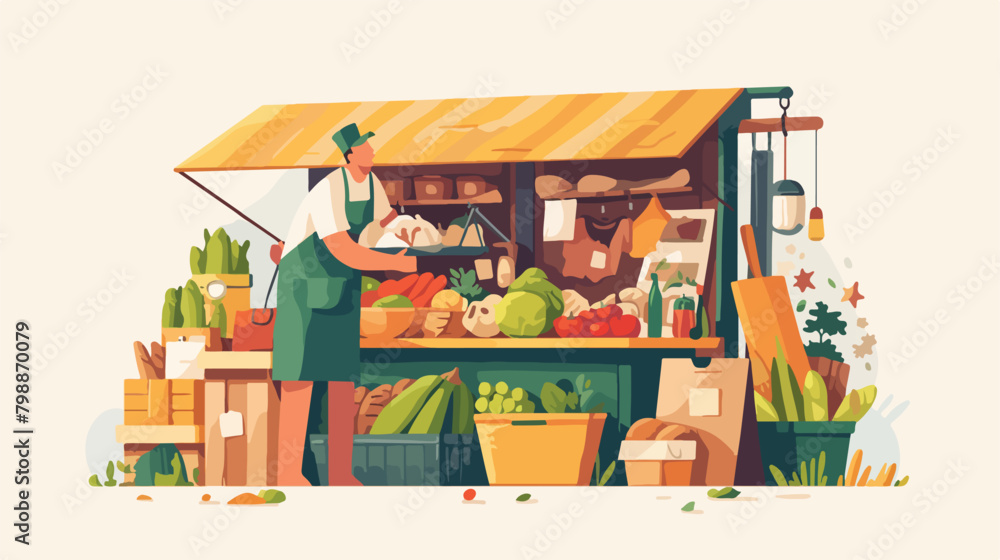 Greengrocer seller standing at counter stall or kio