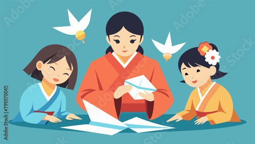 A mother and her children don traditional Japanese kimonos and learn the art of origami from a skilled origami master transported to modernday