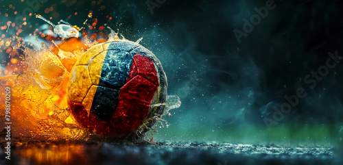 Colorful soccer ball mid-motion, surrounded by explosion of water droplets illuminated by golden light against dark, moody background with copy space, energy and movement, action and intensity © avitali