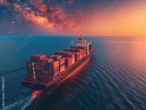 A large cargo ship is sailing through the ocean at sunset. The sky is filled with stars and the water is calm