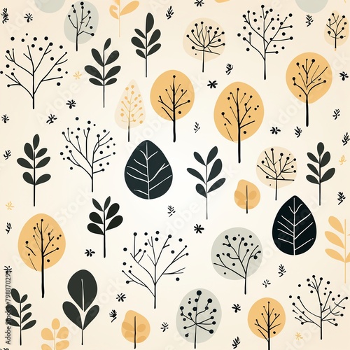 Leafy silhouettes  textured circles  flat repeat  simple lines  solid bg    seamless pattern