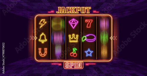 Slot machine with neon gaming symbols. Vector illustration.