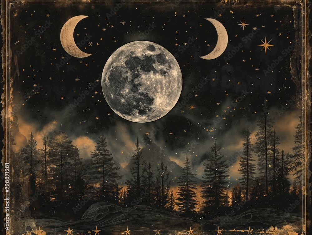 A painting of a moon and two crescent moons in the sky. The painting has a mood of mystery and wonder