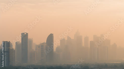 A city skyline is shown with a hazy, smoggy atmosphere. The buildings are tall and the sky is filled with clouds. The scene is one of pollution  © photo for everything