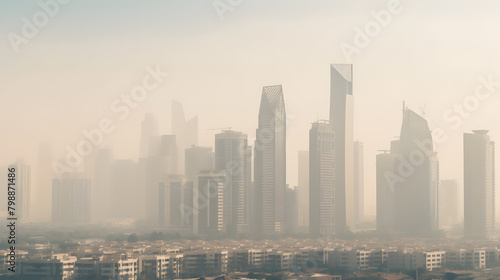 A city skyline is shown with a hazy, smoggy atmosphere. The buildings are tall and the sky is filled with clouds. The scene is one of pollution  © photo for everything