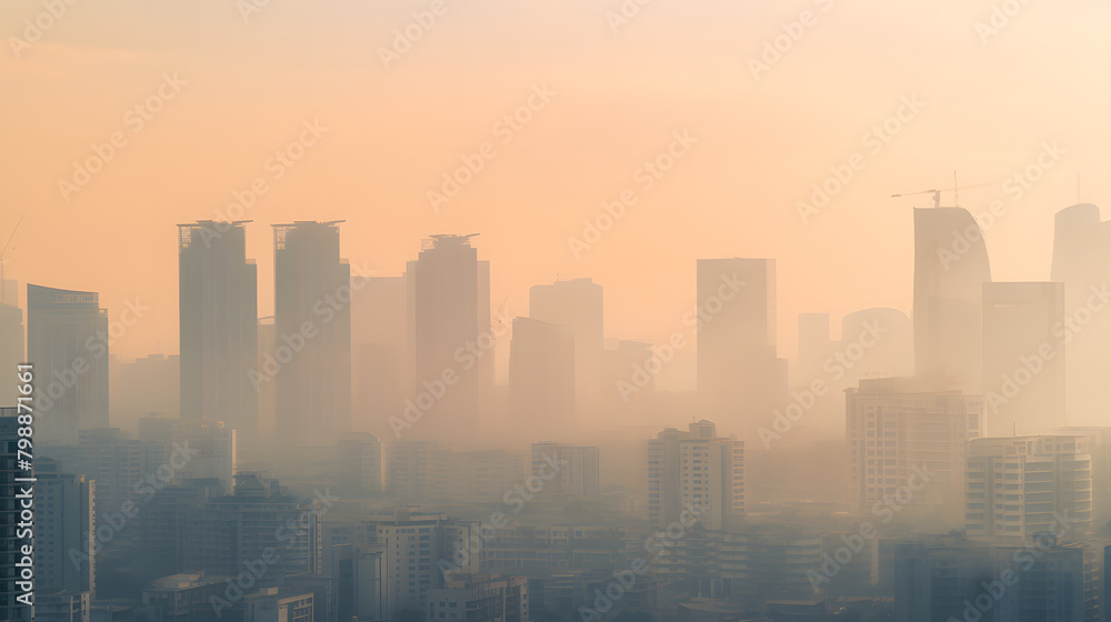 A city skyline is shown with a hazy, smoggy atmosphere. The buildings are tall and the sky is filled with clouds. The scene is one of pollution 