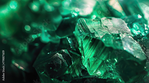 Macro photography, prime lens, close-up shot, emerald precious stone, isolated against dark background. Bright, studio lighting, bokeh photo