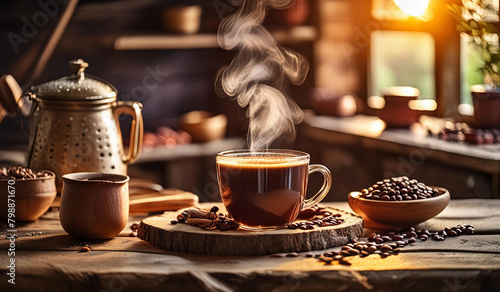 coffee cup with Morning coffee mug and steamy heat in dark country kitchen background.