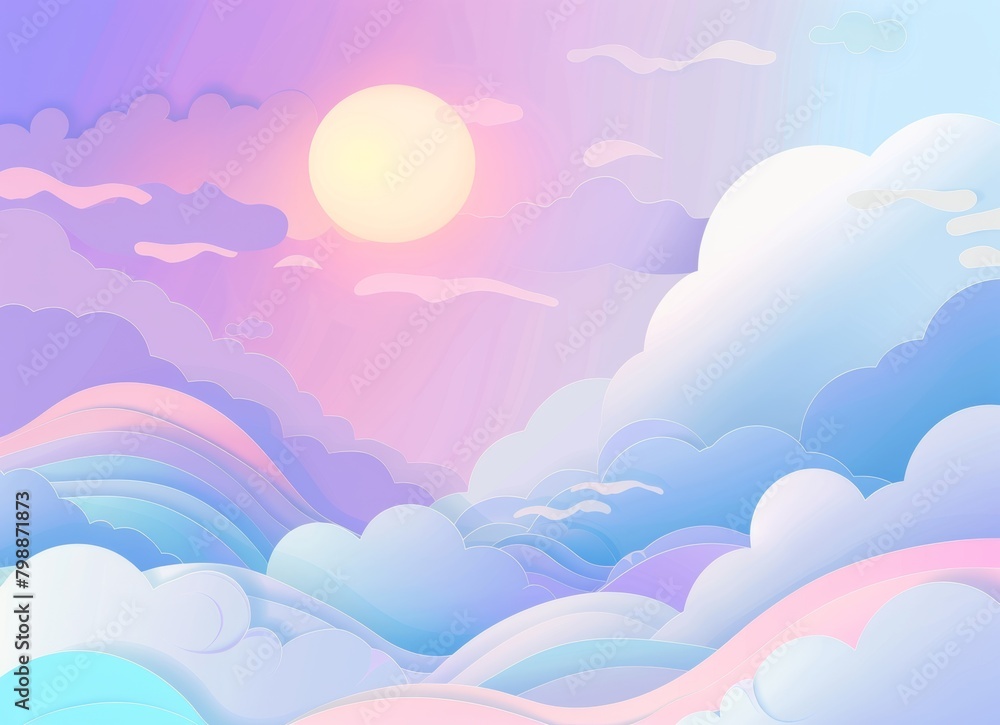 A playful and colorful scene with clouds, sun, and stars, perfect for children’s book illustrations or cheerful design projects with generous copy space.