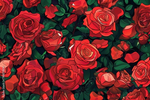 A full frame of lush red roses  creating a romantic and passionate pattern perfect for love-themed designs  special occasions  and floral backdrops with copy space.