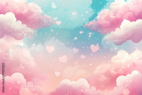 Dreamy clouds and hearts amongst the stars in soft hues, ideal for whimsical children’s books or enchanting event backdrops with copy space. photo