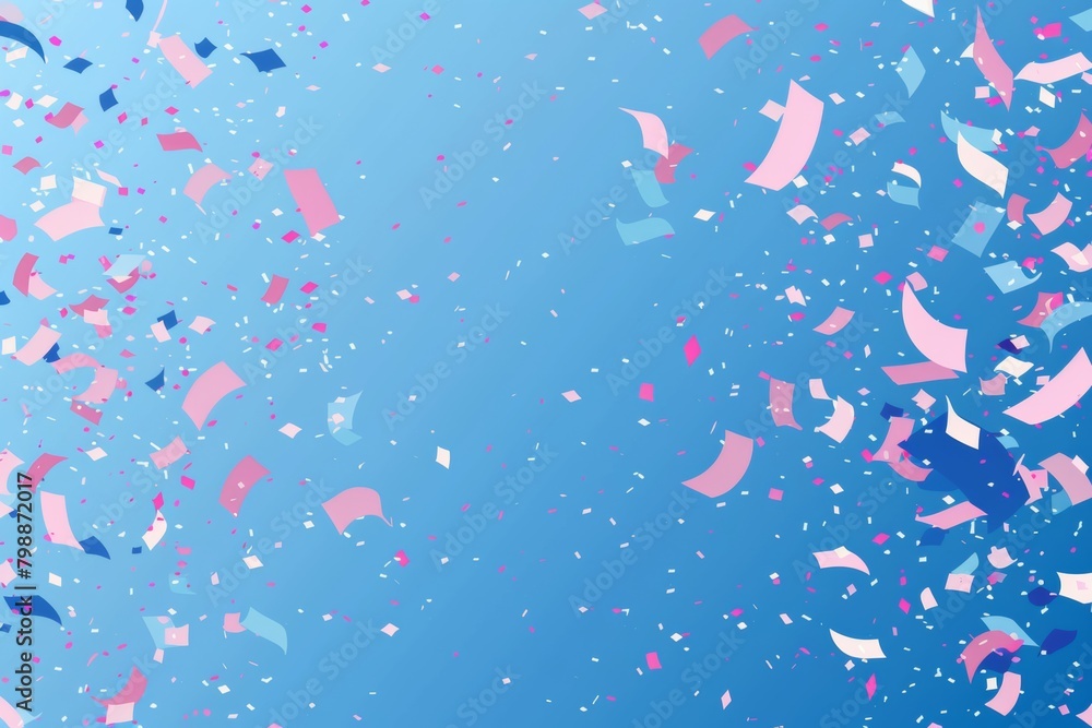 A sky blue background showered in pink and blue confetti, perfect for festive occasions, parties, and joyful announcements with copy space.