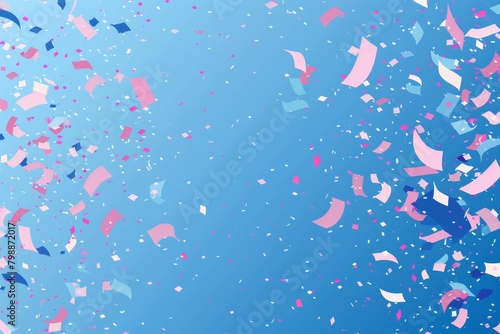 A sky blue background showered in pink and blue confetti, perfect for festive occasions, parties, and joyful announcements with copy space.