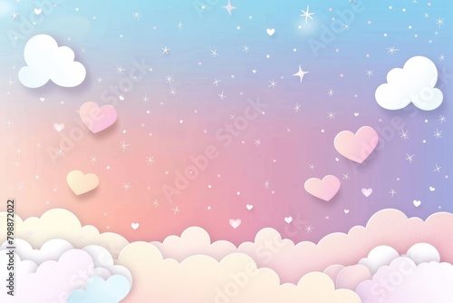 Dreamy clouds and hearts amongst the stars in soft hues, ideal for whimsical children’s books or enchanting event backdrops with copy space.