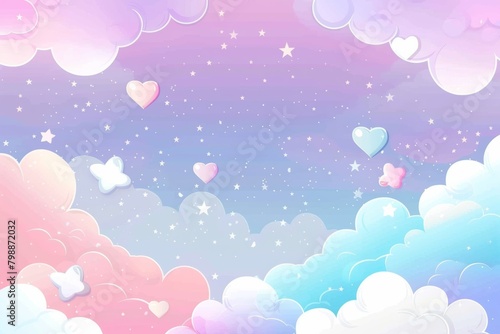 Dreamy clouds and hearts amongst the stars in soft hues, ideal for whimsical children’s books or enchanting event backdrops with copy space.