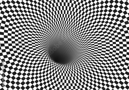 Abstract optical illusion. Hypnotic tunnel with black and white squares. Vector illustration.