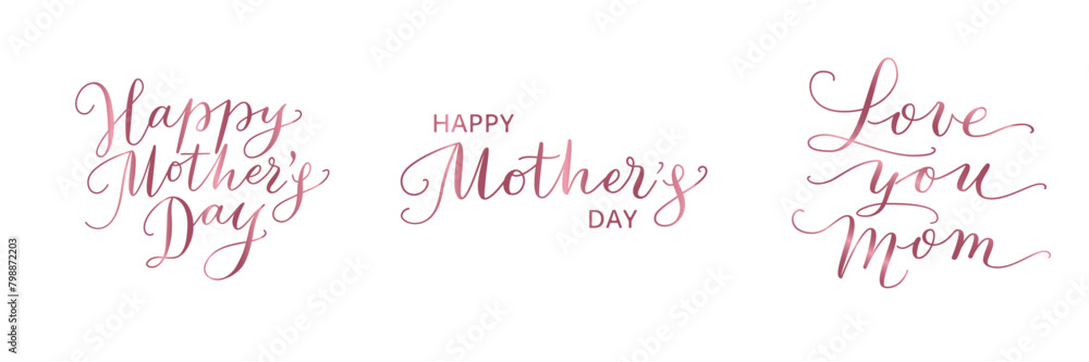 Happy mother's day hand written calligraphy. Love you Mom text. Pink letters isolated on transparent background. For mothers day greeting cards, banners, social media posts, invitations. Vector.