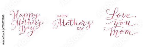Happy mother's day hand written calligraphy. Love you Mom text. Pink letters isolated on transparent background. For mothers day greeting cards, banners, social media posts, invitations. Vector.