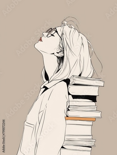 A line drawing of a person with a collection of vintage books, in scholarly brown, maintaining a minimalist and chic style photo