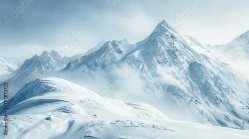 A mountain range with snow-covered peaks and a vast, empty valley. The scene is serene and peaceful, with the mountains towering over the valley below
