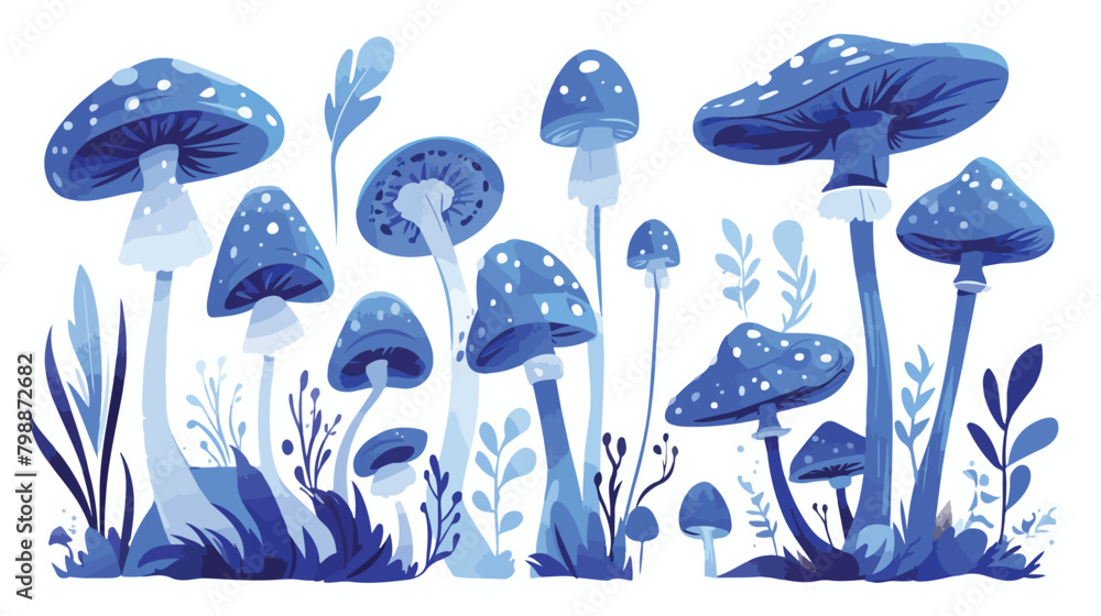 Group of inedible psychedelic blue mushrooms isolat