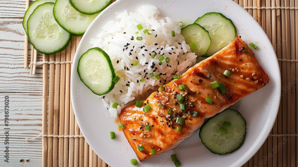 Naklejka premium Grilled salmon fillet served with steamed white rice and fresh cucumber slices on a wooden surface