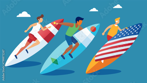 Surfboards emblazoned with the nations flag the surfers glide on the waves with the utmost determination and passion each one striving to be the. Vector illustration