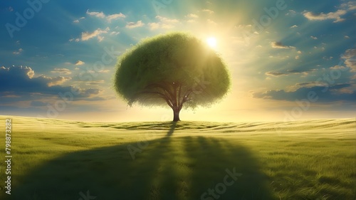 An imaginative scene portraying a surreal afterlife world, featuring a mesmerizing field of glistening grass illuminated by the golden rays of the sun. Type of Image: Digital Illustration, Subject Des photo