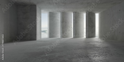 Abstract empty, modern concrete room with rotated pillar row in the back and cloudy mountain view - industrial interior background template