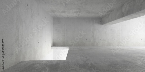 Abstract empty, modern concrete room with downward stairs and beam and rough floor - industrial interior background template