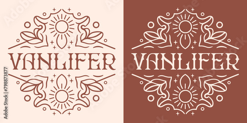 Vanlifer van life lettering badge sticker boho vintage retro chic celestial sun spiritual girl aesthetic illustration. Travel road trip lifestyle printable vector text for women shirt clothing button.