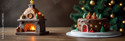 Christmas white cream cake with star decor and gingerbread houses with green spicy branches and red berries on a red and white dish on a background of a fir wreath and burning candles
