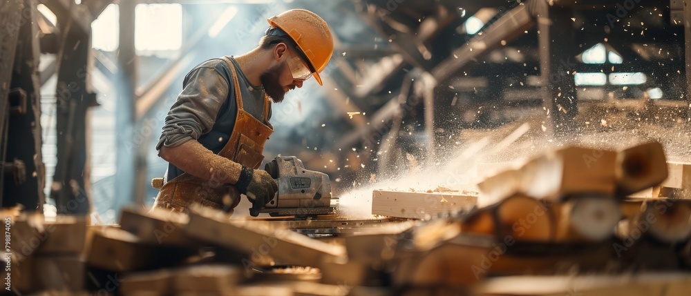 a carpenter working with sawing machine, cutting wood piles, wooden works, carpentry a carpenter working with sawing machine, cutting wood piles, wooden works, carpentry