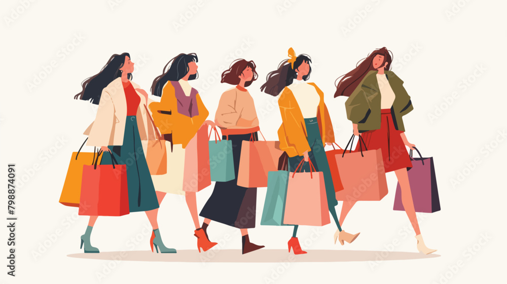 Group of young happy woman holding shopping bags. G