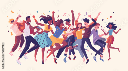 Group of young happy dancing people or male and fem photo