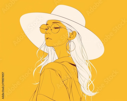 An elegant line drawing of a person with a sun hat and sunglasses, in summer yellow, reflecting a minimalist aesthetic photo