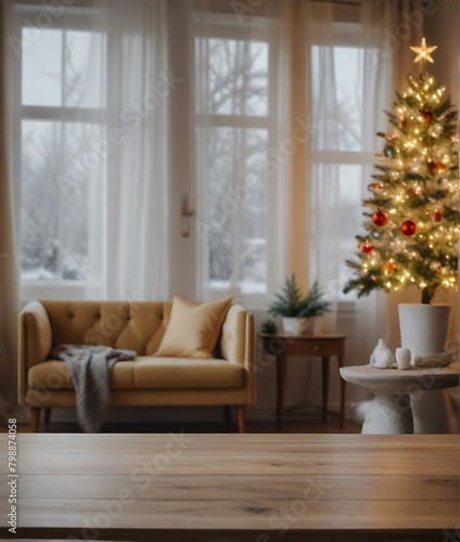 Living room with Christmas tree and gifts  traditional decorations  fireplace and furniture.