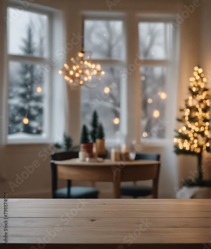 Christmas decor. Bright interior of the living room with large Windows, elegant Christmas tree with toys and garlands and a soft cozy sofa