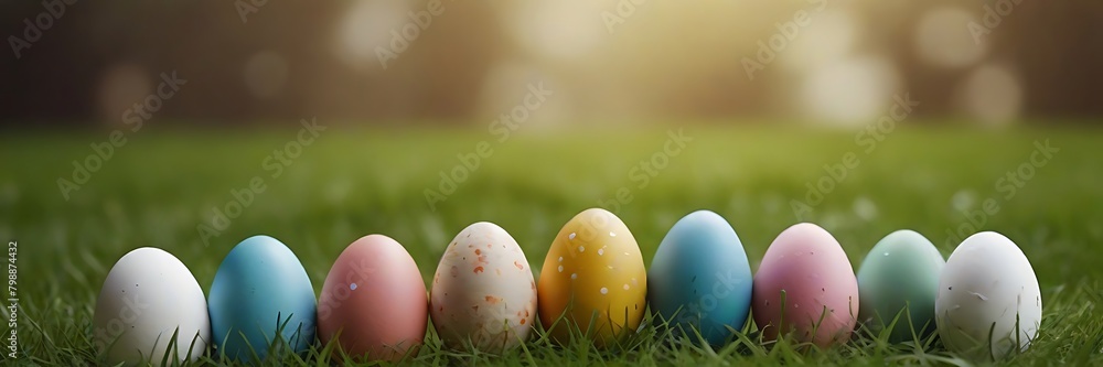 Row of colorful painted easter eggs in fresh green grass background for holiday concept happy easter