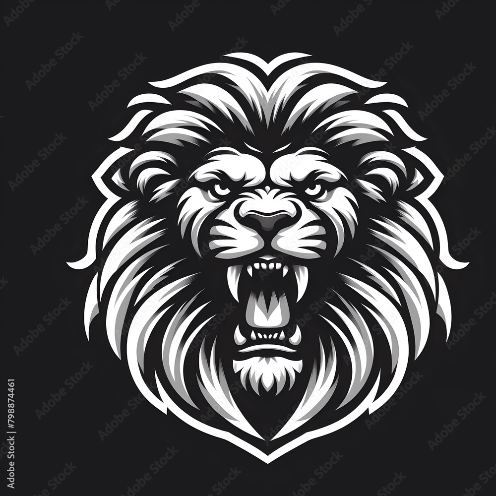 Monochrome black and white for Powerful open mouth Lion head, for logo design and Tattoo