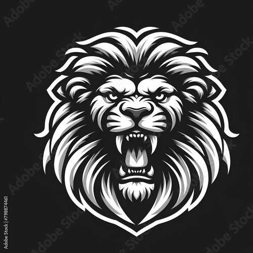 Monochrome black and white for Powerful open mouth Lion head  for logo design and Tattoo