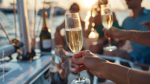 A group of diverse friends drink champagne while having a party on a yacht. 