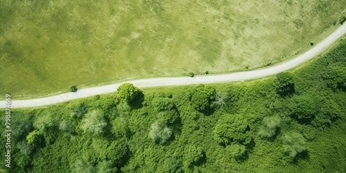 Top aerial view of the road path way with asphalt and many green trees on the field background deocration. Can be used for travel adventure trip journey inspiration scene