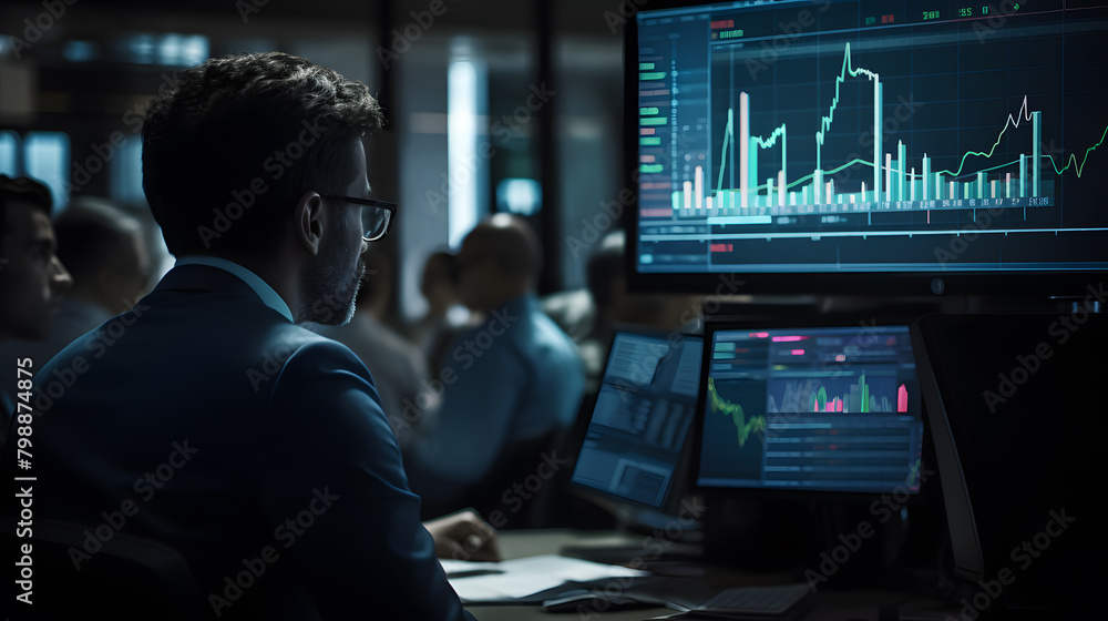 A man in a suit with his back turned in front of a large screen displaying stock market data A man in a suit with his back turned in front of a large screen displaying stock market data