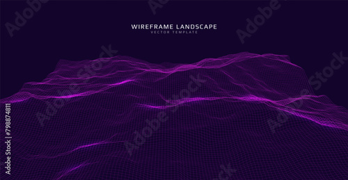 Wireframe landscape. Futuristic 3d mesh background. Digital hills technology. Vector illustration.