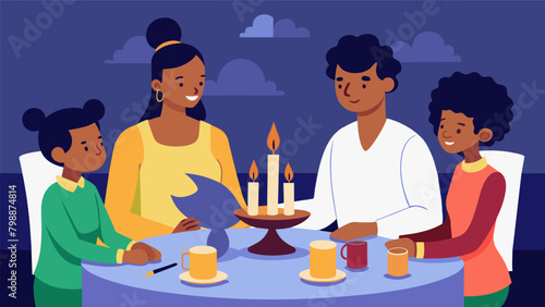 A family sitting around a table holding candles and sharing stories of their ancestors journey towards freedom on Juneteenth.. Vector illustration