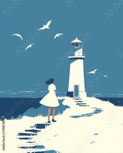 Minimalist line art of a girl gazing at a lighthouse, illuminated in guiding light white photo