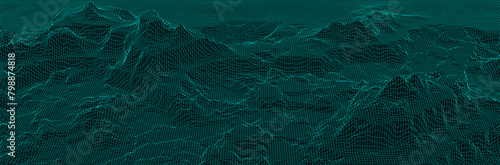 Wireframe landscape. Futuristic 3d mesh background. Digital hills technology. Vector illustration.