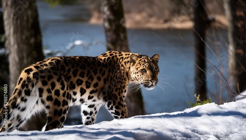 Amur leopard in mid-prowl in the forest