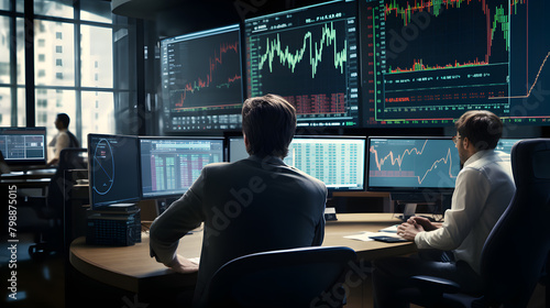 A man in a suit with his back turned in front of a large screen displaying stock market data  © photo for everything